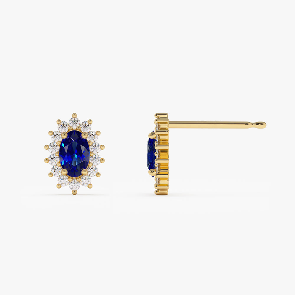 14k Oval Cut Blue Sapphire Earrings with Diamonds - GeumJewels