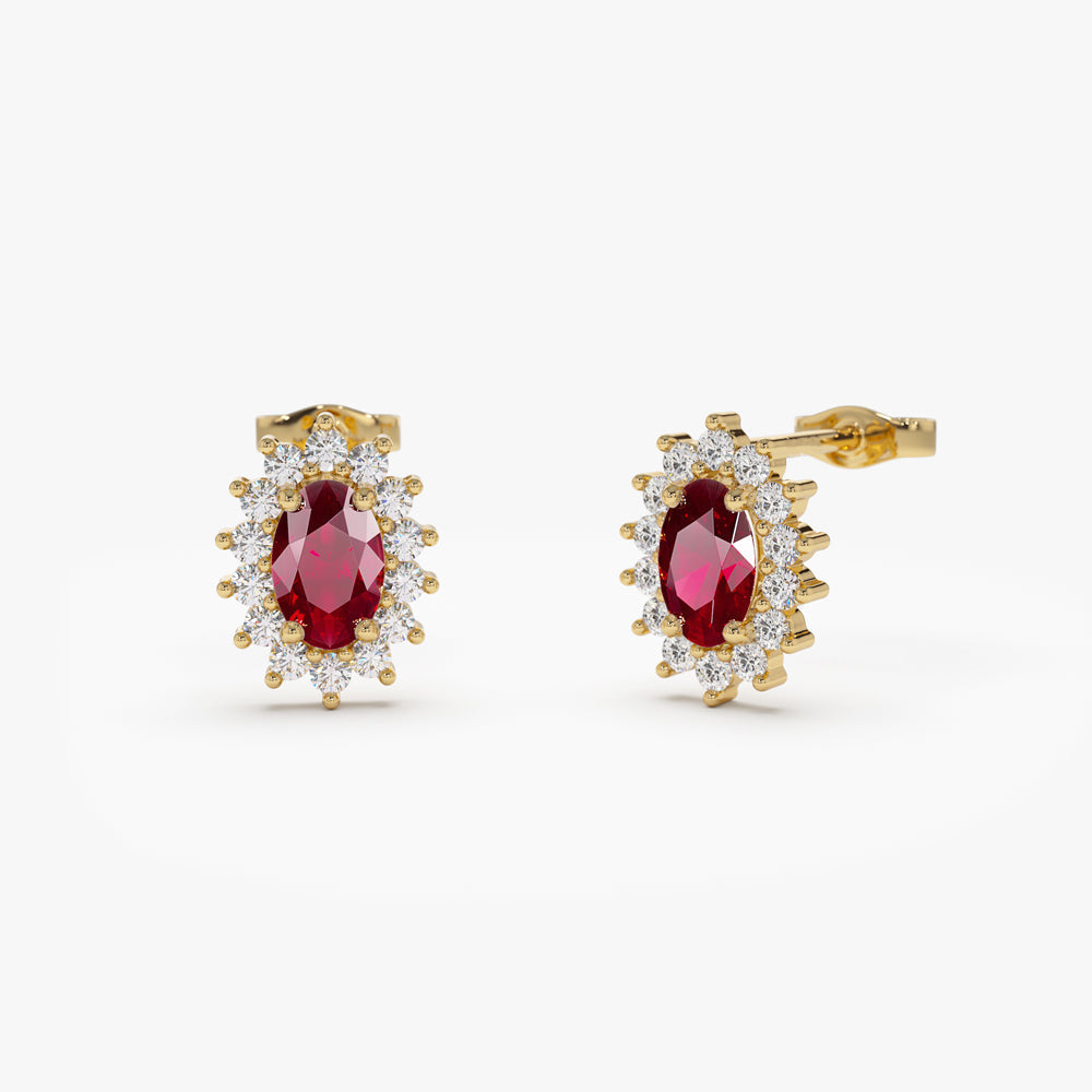 14k Oval Cut Ruby Earrings with Diamonds - GeumJewels