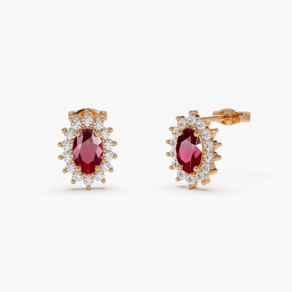 14k Oval Cut Ruby Earrings with Diamonds - GeumJewels