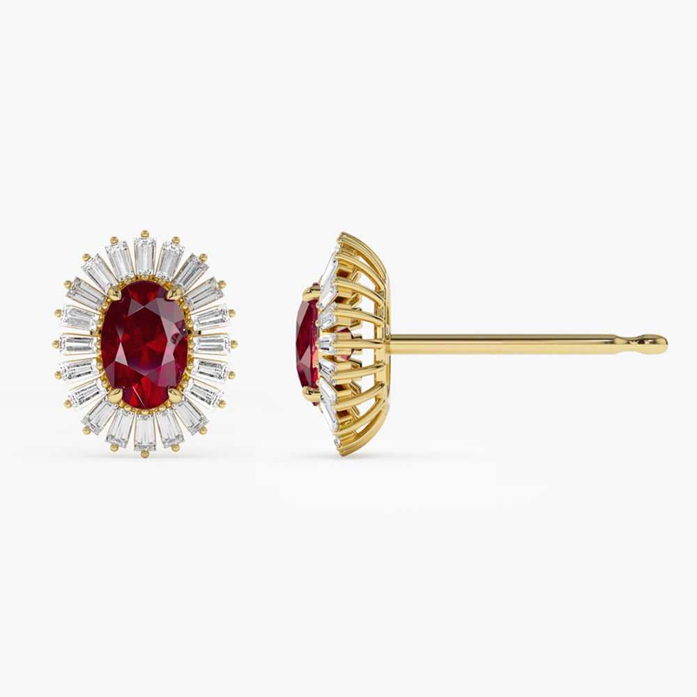 14k Ruby and Baguette Diamond Ballerina Stud Earrings - GeumJewels