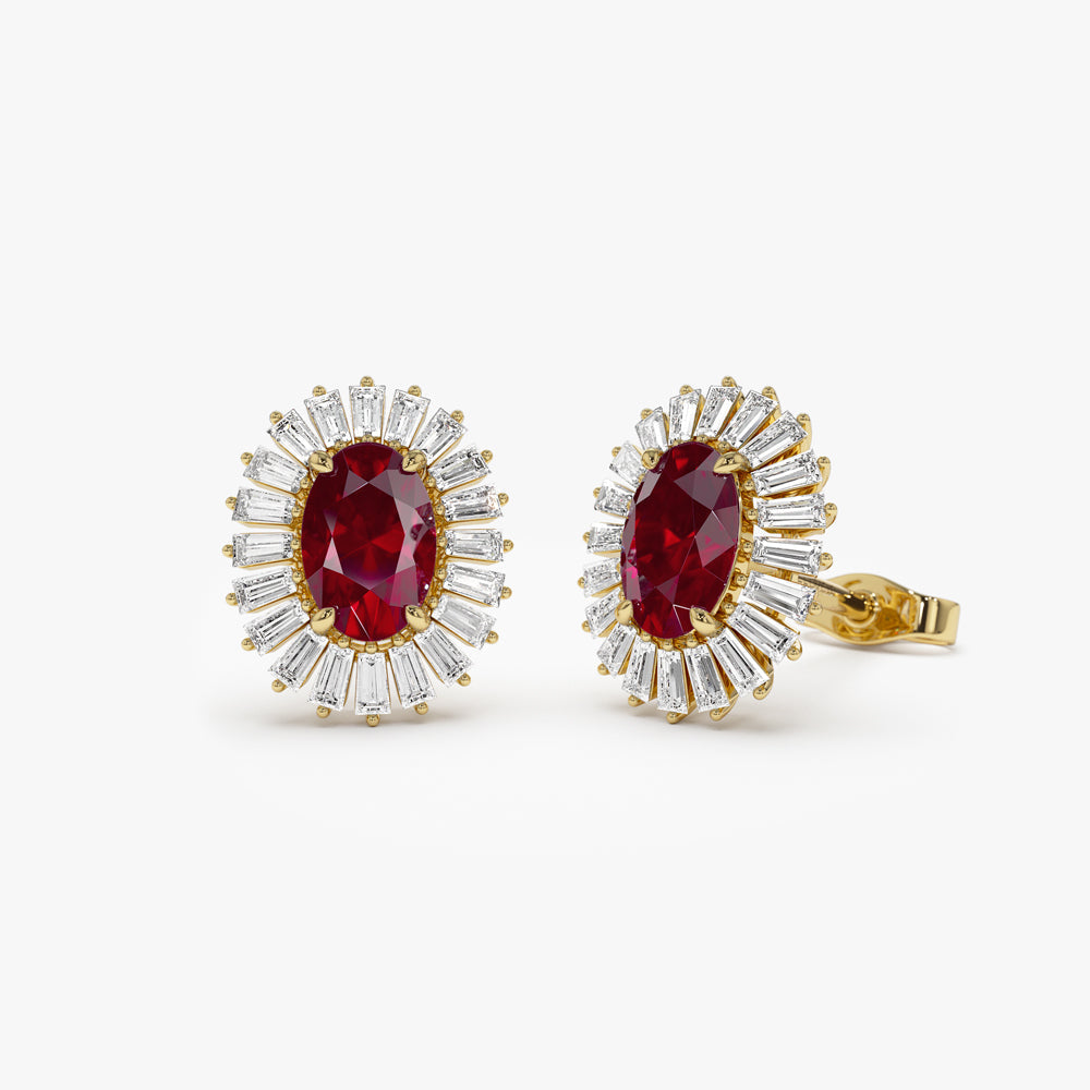 14k Ruby and Baguette Diamond Ballerina Stud Earrings - GeumJewels