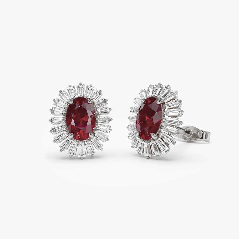 14k Ruby and Baguette Diamond Ballerina Stud Earrings - GeumJewels