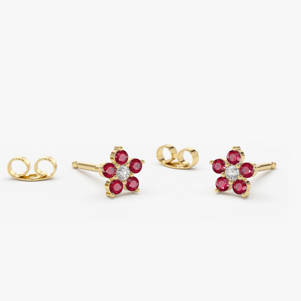 14K Ruby and Diamond Flower Studs - GeumJewels
