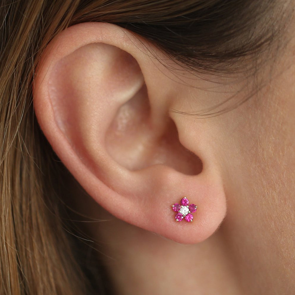 14K Ruby and Diamond Flower Studs - GeumJewels