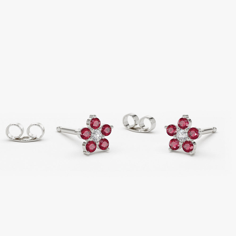 14K Ruby and Diamond Flower Studs - GeumJewels