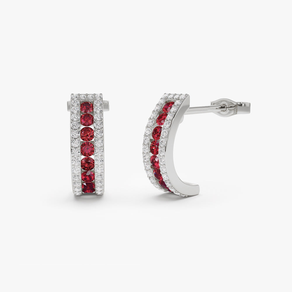 14k Ruby and Round Diamond Hoop Earrings - GeumJewels