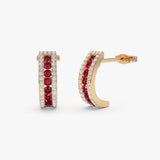 14k Ruby and Round Diamond Hoop Earrings - GeumJewels