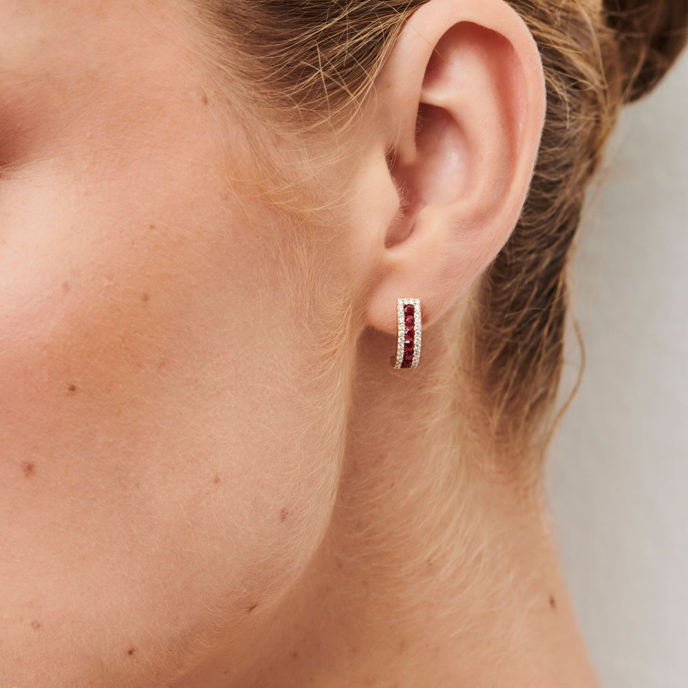 14k Ruby and Round Diamond Hoop Earrings - GeumJewels