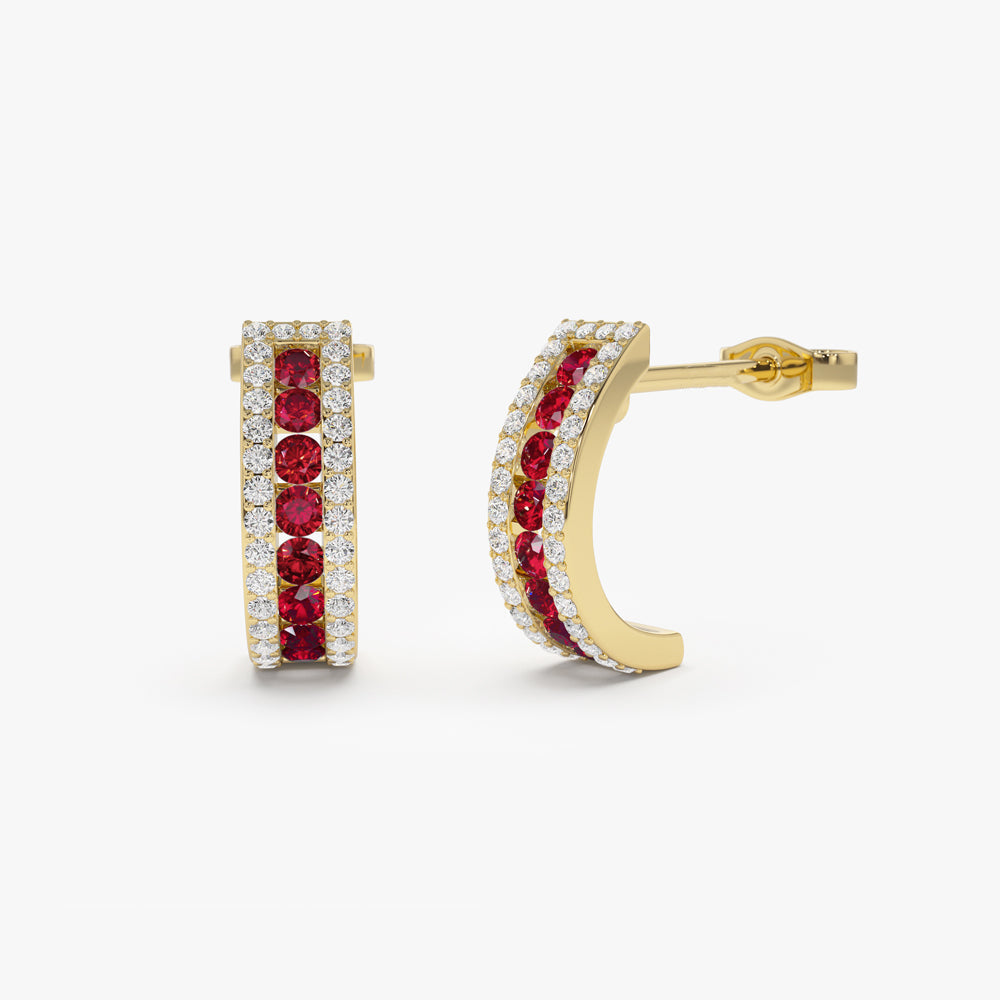 14k Ruby and Round Diamond Hoop Earrings - GeumJewels
