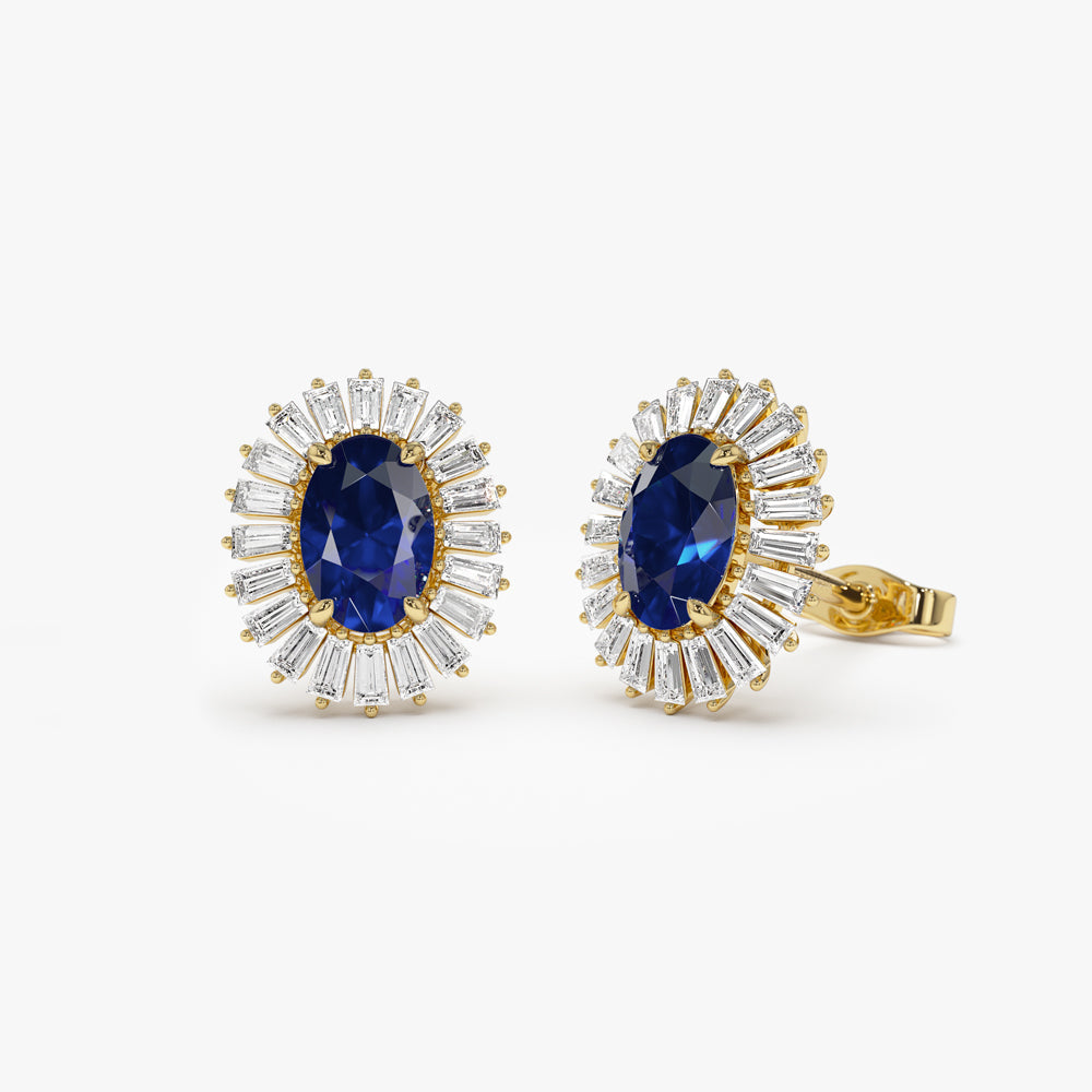 14k Sapphire and Baguette Diamond Ballerina Stud Earrings - GeumJewels