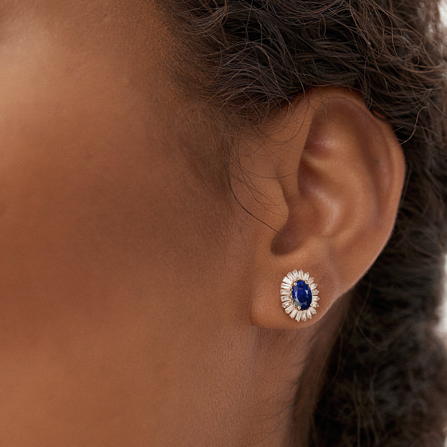 14k Sapphire and Baguette Diamond Ballerina Stud Earrings - GeumJewels