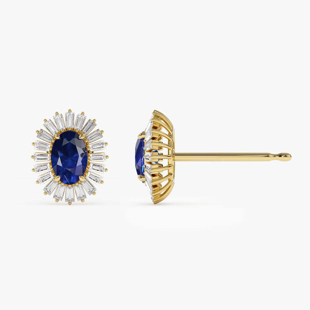 14k Sapphire and Baguette Diamond Ballerina Stud Earrings - GeumJewels
