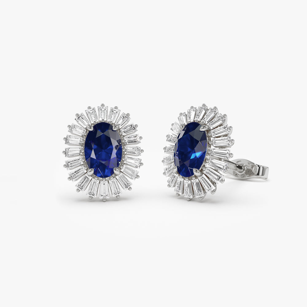 14k Sapphire and Baguette Diamond Ballerina Stud Earrings - GeumJewels