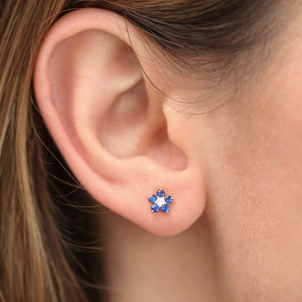 14k Sapphire and Diamond Flower Studs - GeumJewels