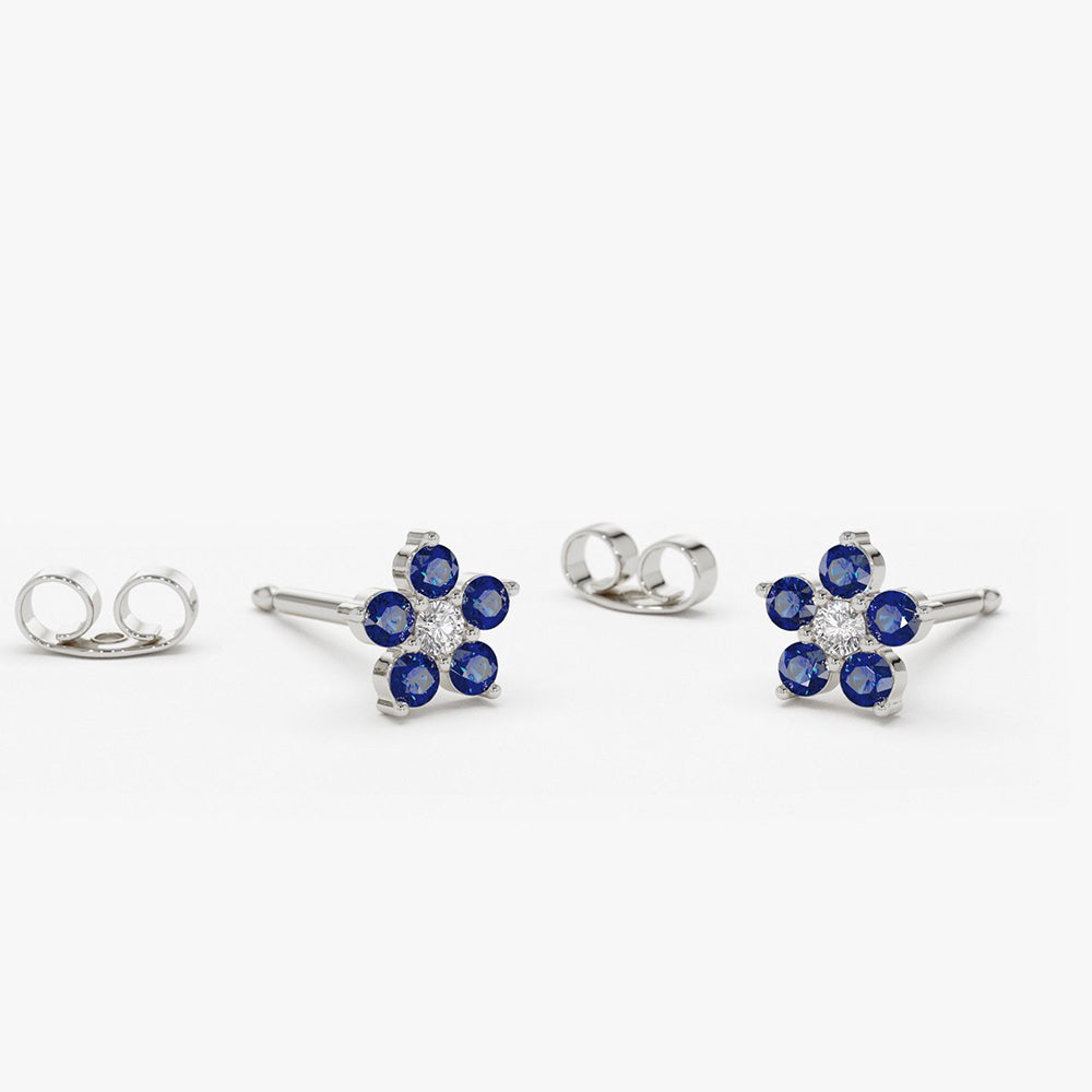 14k Sapphire and Diamond Flower Studs - GeumJewels