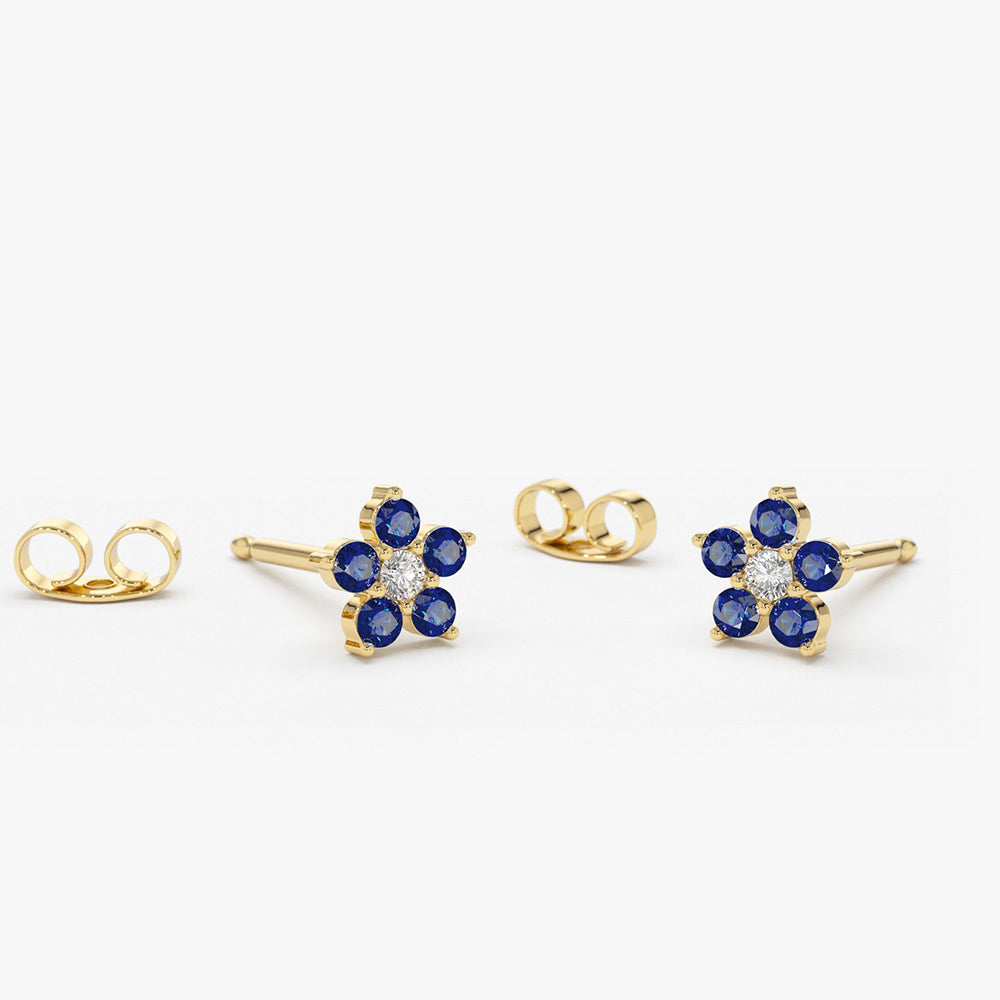 14k Sapphire and Diamond Flower Studs - GeumJewels