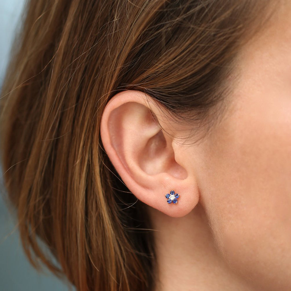14k Sapphire and Diamond Flower Studs - GeumJewels
