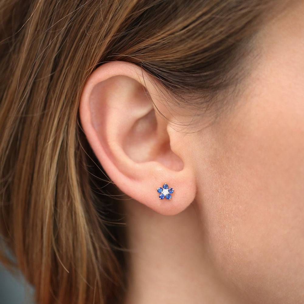 14k Sapphire and Diamond Flower Studs - GeumJewels