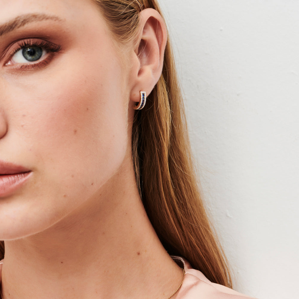 14k Sapphire and Round Diamond Hoop Earrings - GeumJewels