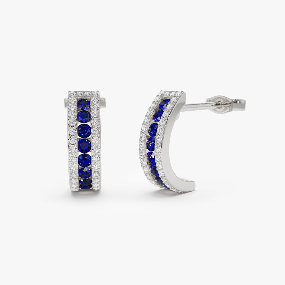 14k Sapphire and Round Diamond Hoop Earrings - GeumJewels