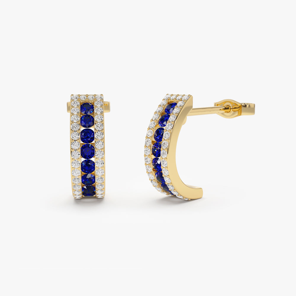 14k Sapphire and Round Diamond Hoop Earrings - GeumJewels