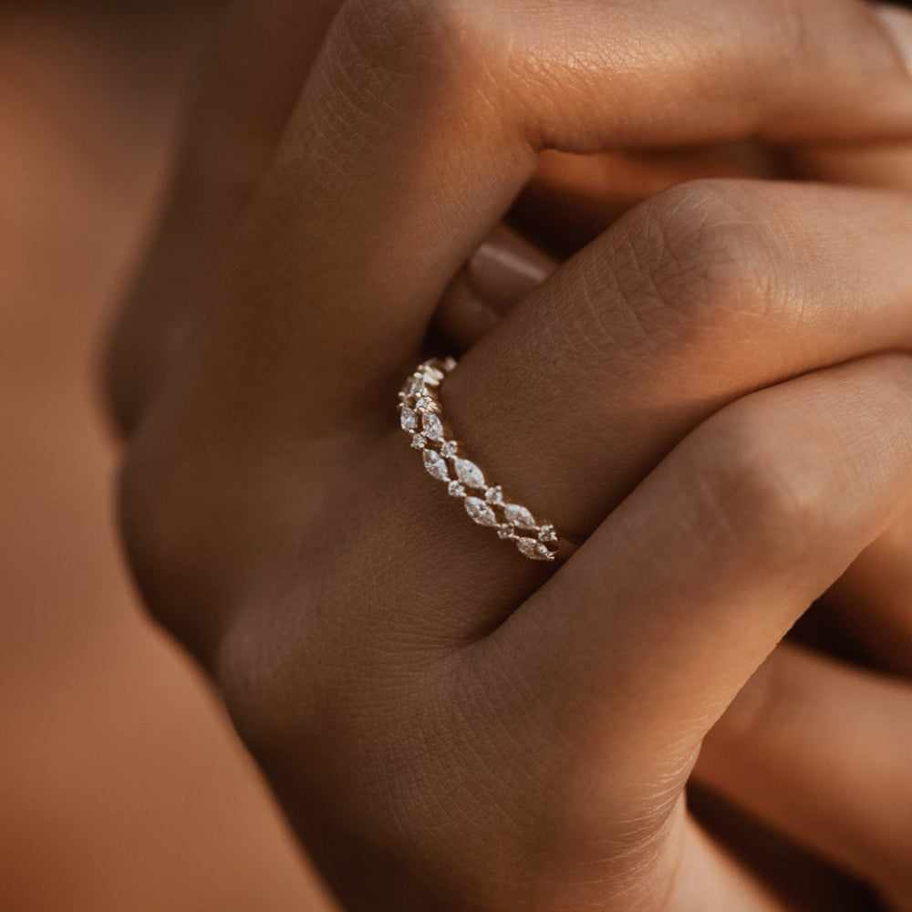 14k Double Row Alternating Marquise Round Diamond Ring - GeumJewels