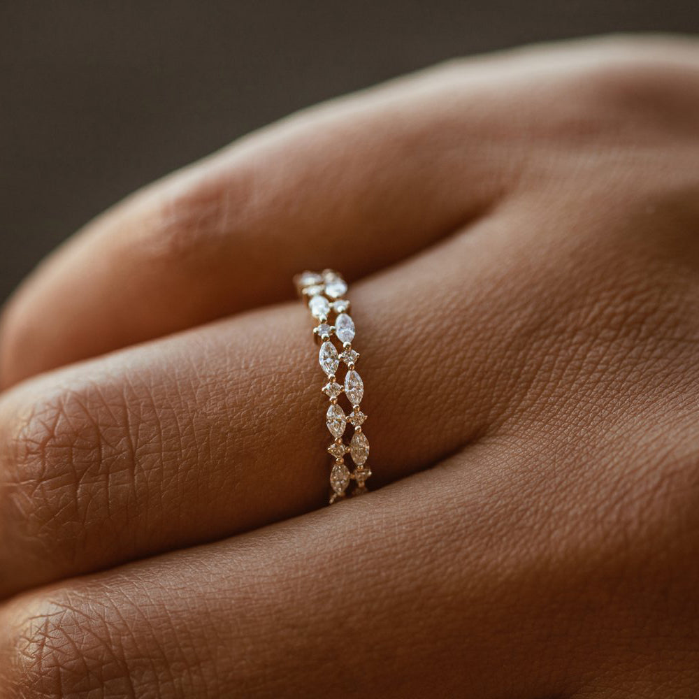 14k Double Row Alternating Marquise Round Diamond Ring - GeumJewels