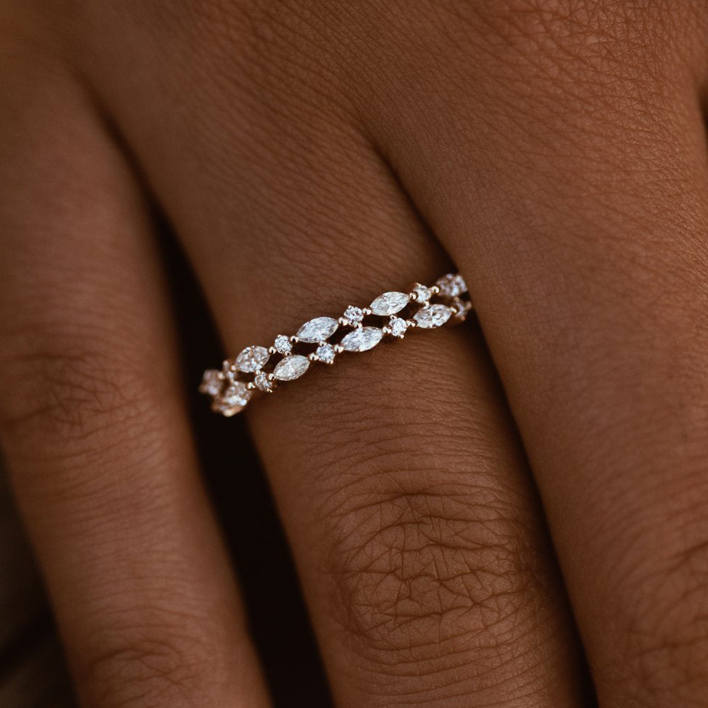 14k Double Row Alternating Marquise Round Diamond Ring - GeumJewels