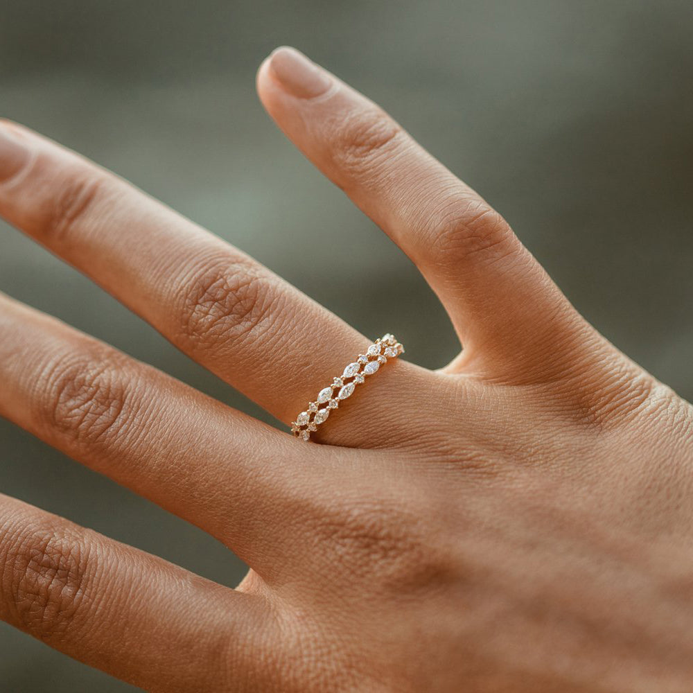 14k Double Row Alternating Marquise Round Diamond Ring - GeumJewels
