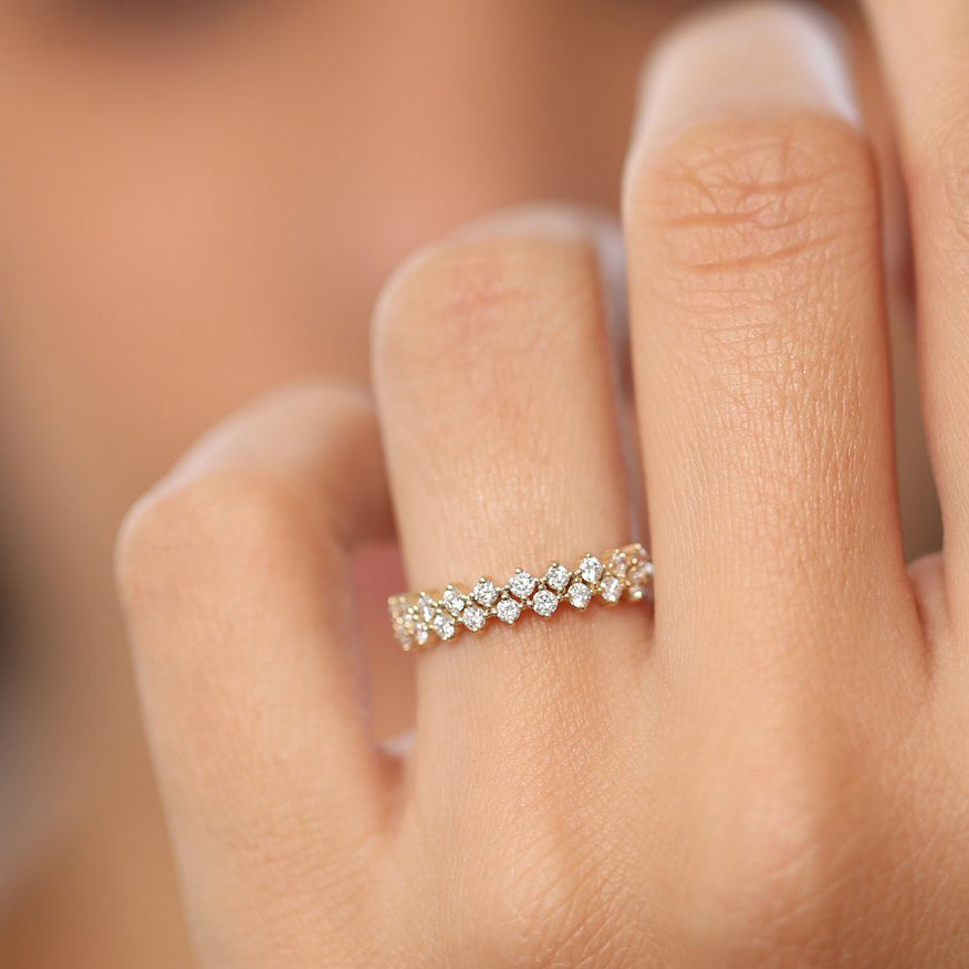 14K Double Row Prong Setting Diamond Wedding Band - GeumJewels
