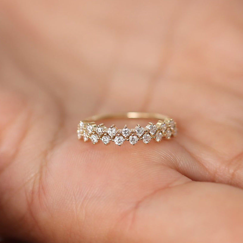 14K Double Row Prong Setting Diamond Wedding Band - GeumJewels