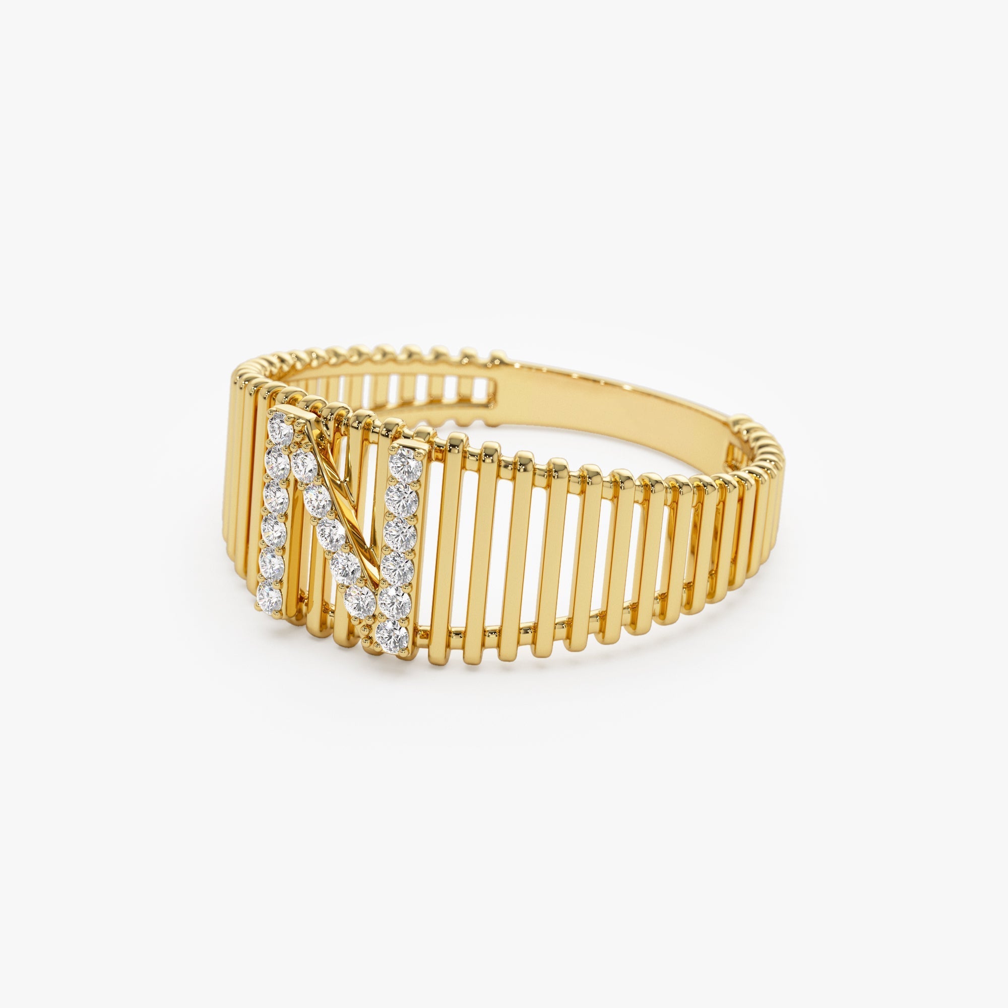 14k Ribed Cage Diamond Initial Ring - Geum Jewels