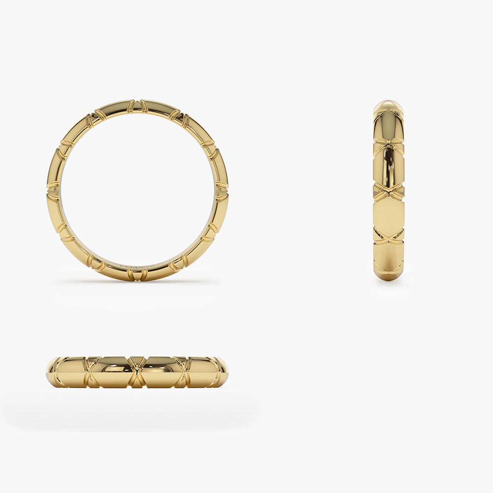 14k 3MM Unique X Cut Design Gold Wedding Ring - GeumJewels