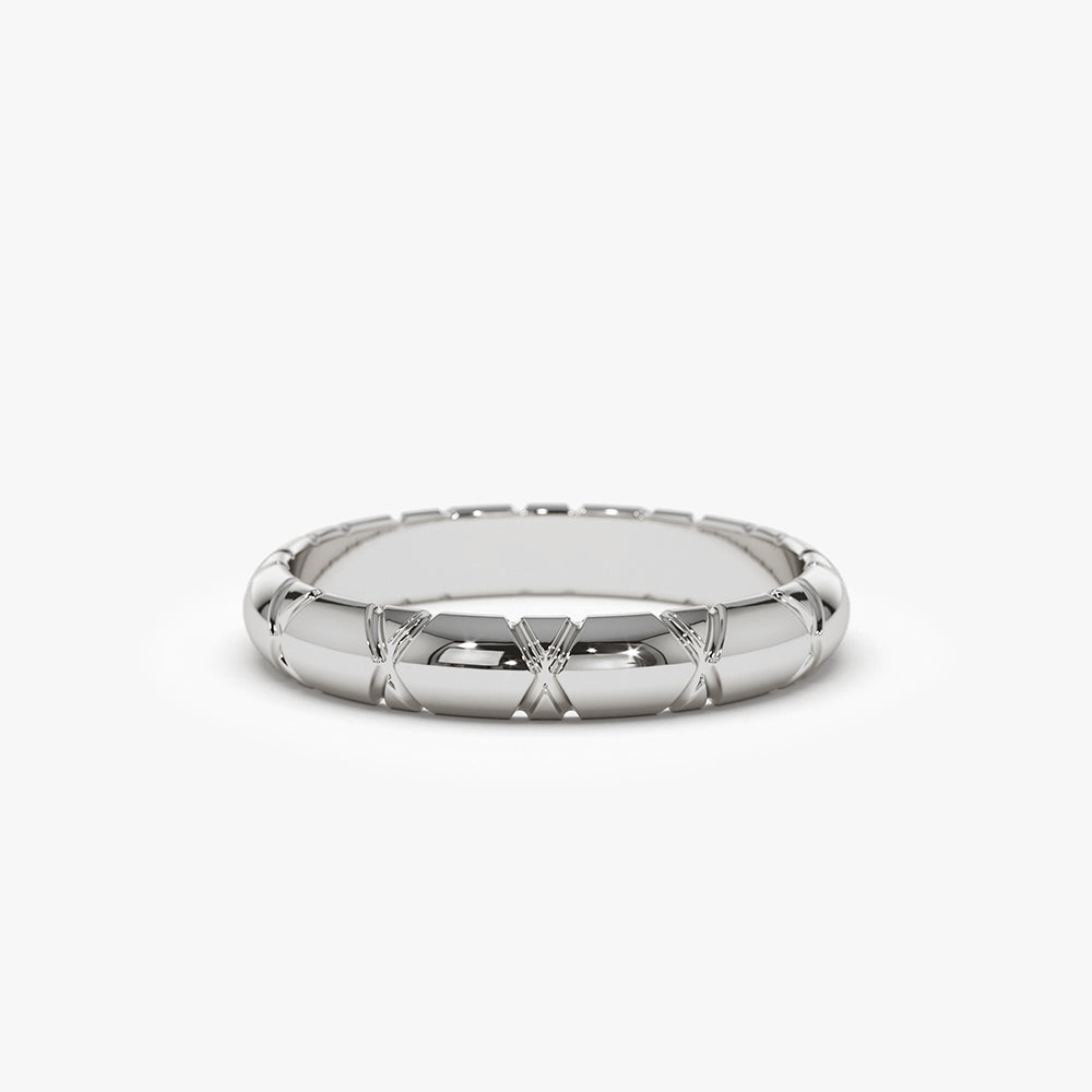 14k 3MM Unique X Cut Design Gold Wedding Ring - GeumJewels