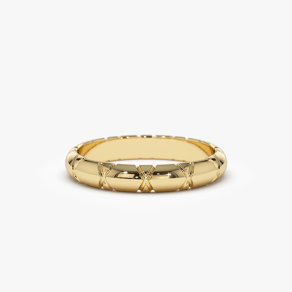 14k 3MM Unique X Cut Design Gold Wedding Ring - GeumJewels