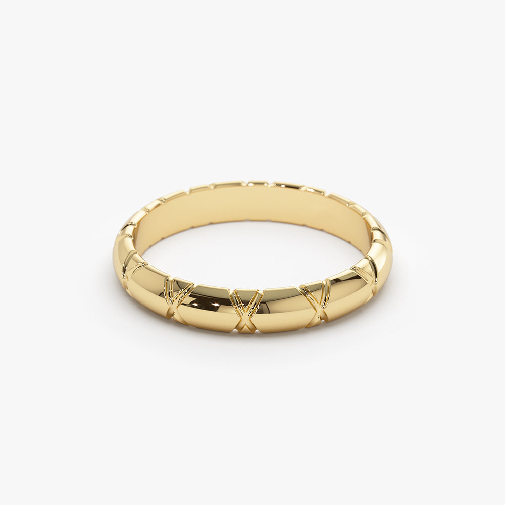 14k 3MM Unique X Cut Design Gold Wedding Ring - GeumJewels
