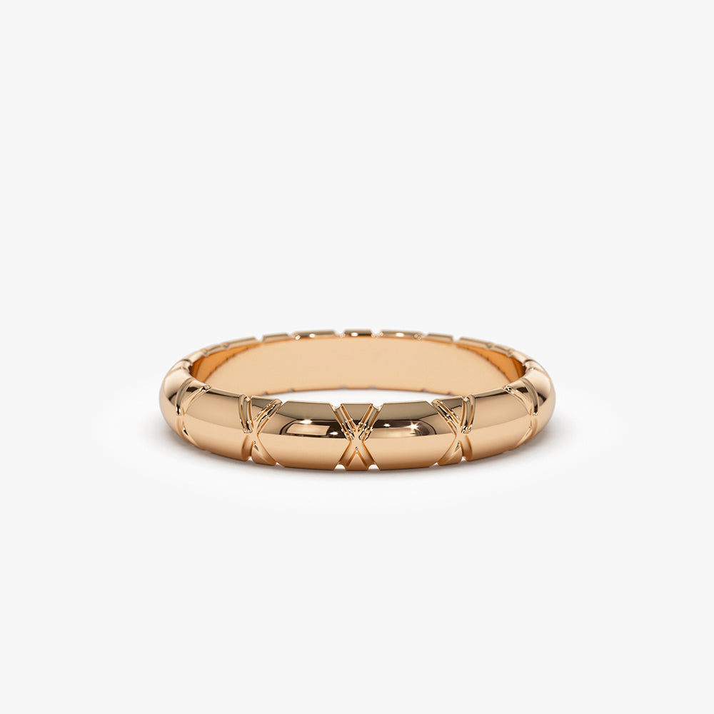 14k 3MM Unique X Cut Design Gold Wedding Ring - GeumJewels
