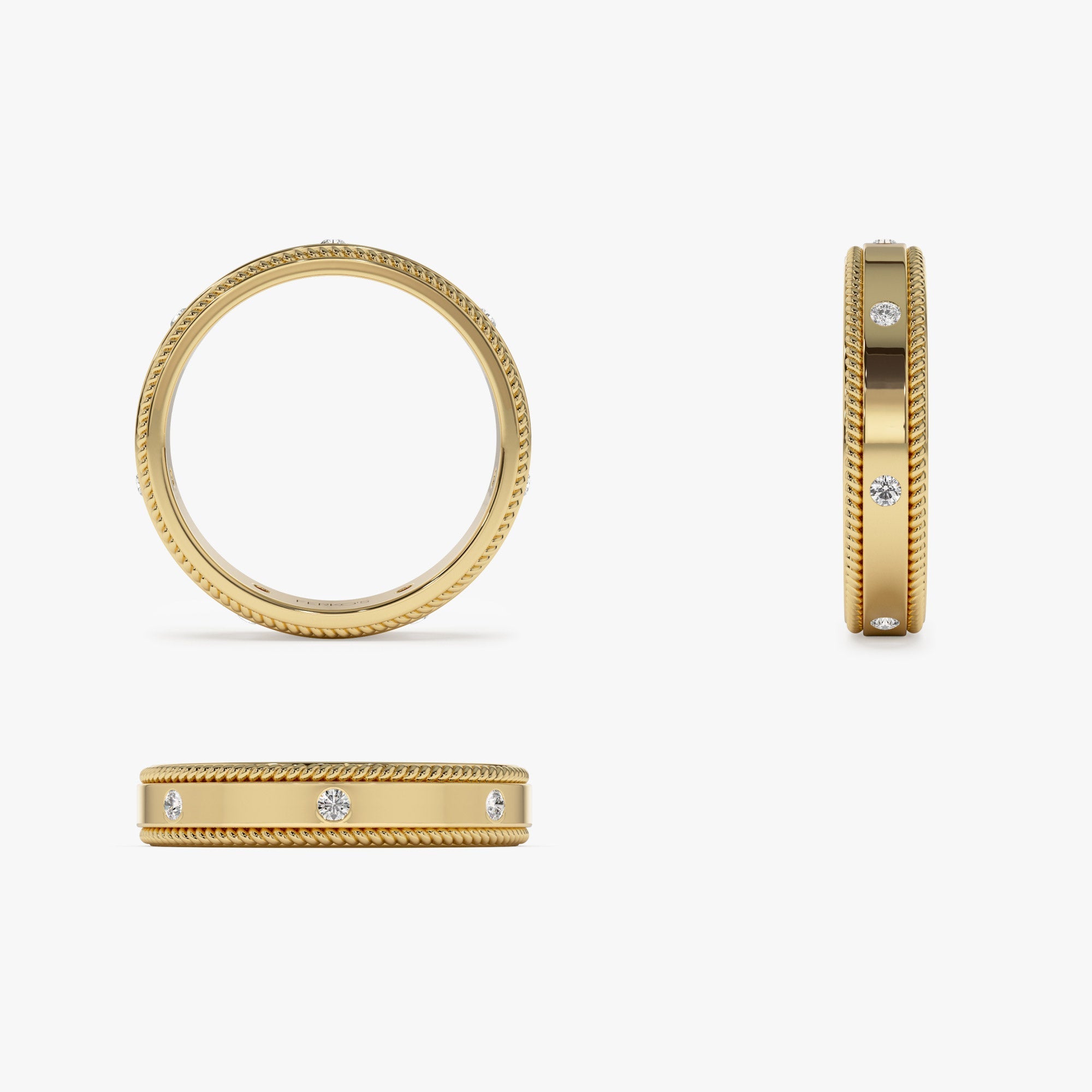 14k 4MM Flat Milgrain Edge Diamond Wedding Band - GeumJewels