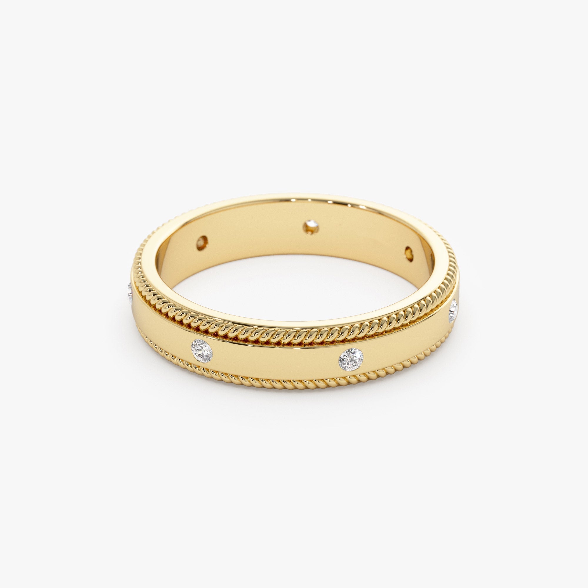 14k 4MM Flat Milgrain Edge Diamond Wedding Band - GeumJewels