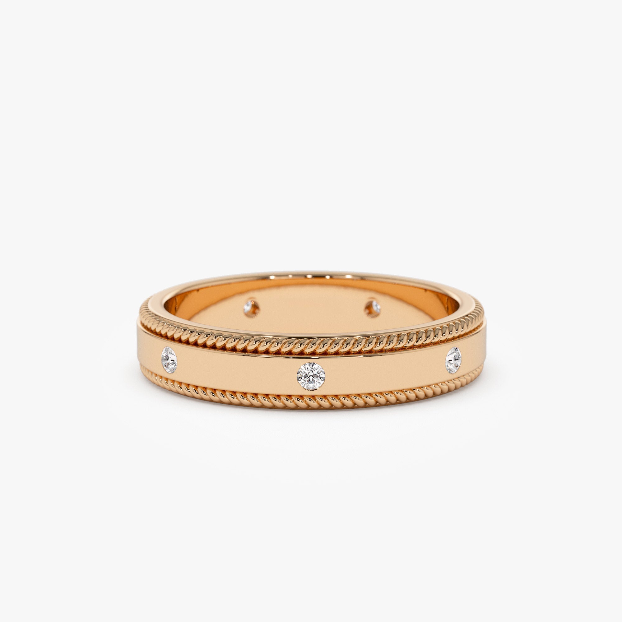 14k 4MM Flat Milgrain Edge Diamond Wedding Band - GeumJewels