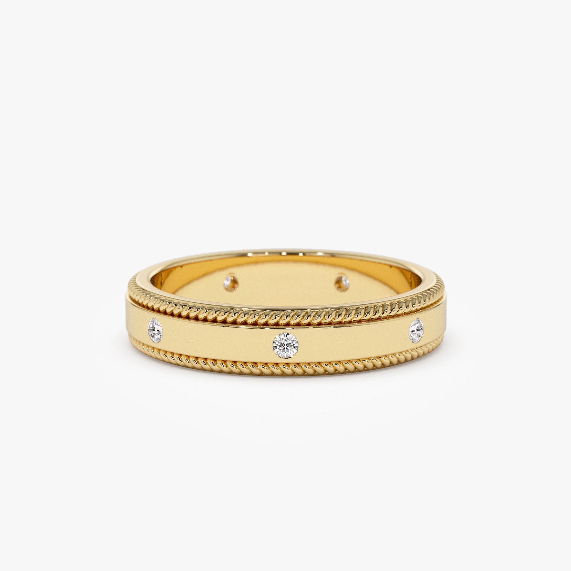 14k 4MM Flat Milgrain Edge Diamond Wedding Band - GeumJewels