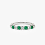 14k 7 Stone Basket Setting Diamond and Emerald Wedding Ring - GeumJewels