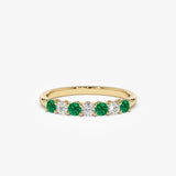 14k 7 Stone Basket Setting Diamond and Emerald Wedding Ring - GeumJewels