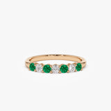 14k 7 Stone Basket Setting Diamond and Emerald Wedding Ring - GeumJewels
