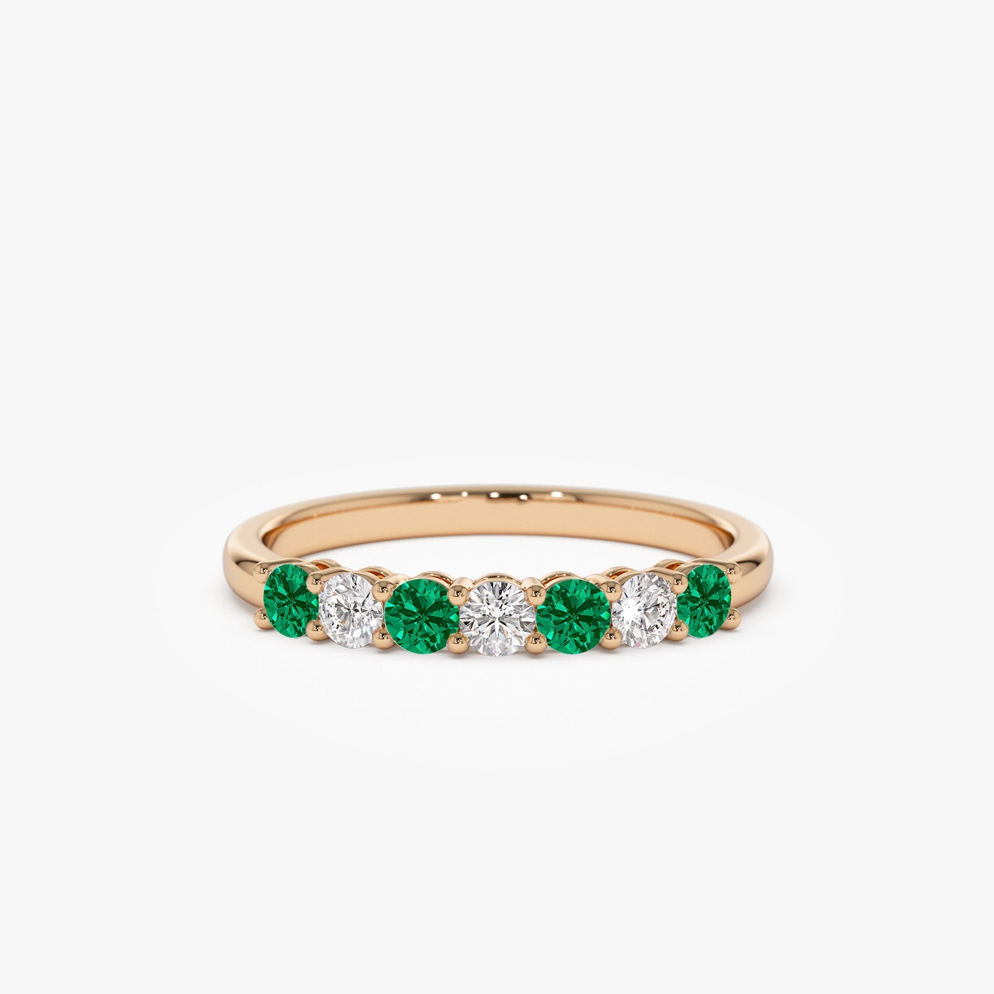 14k 7 Stone Basket Setting Diamond and Emerald Wedding Ring - GeumJewels