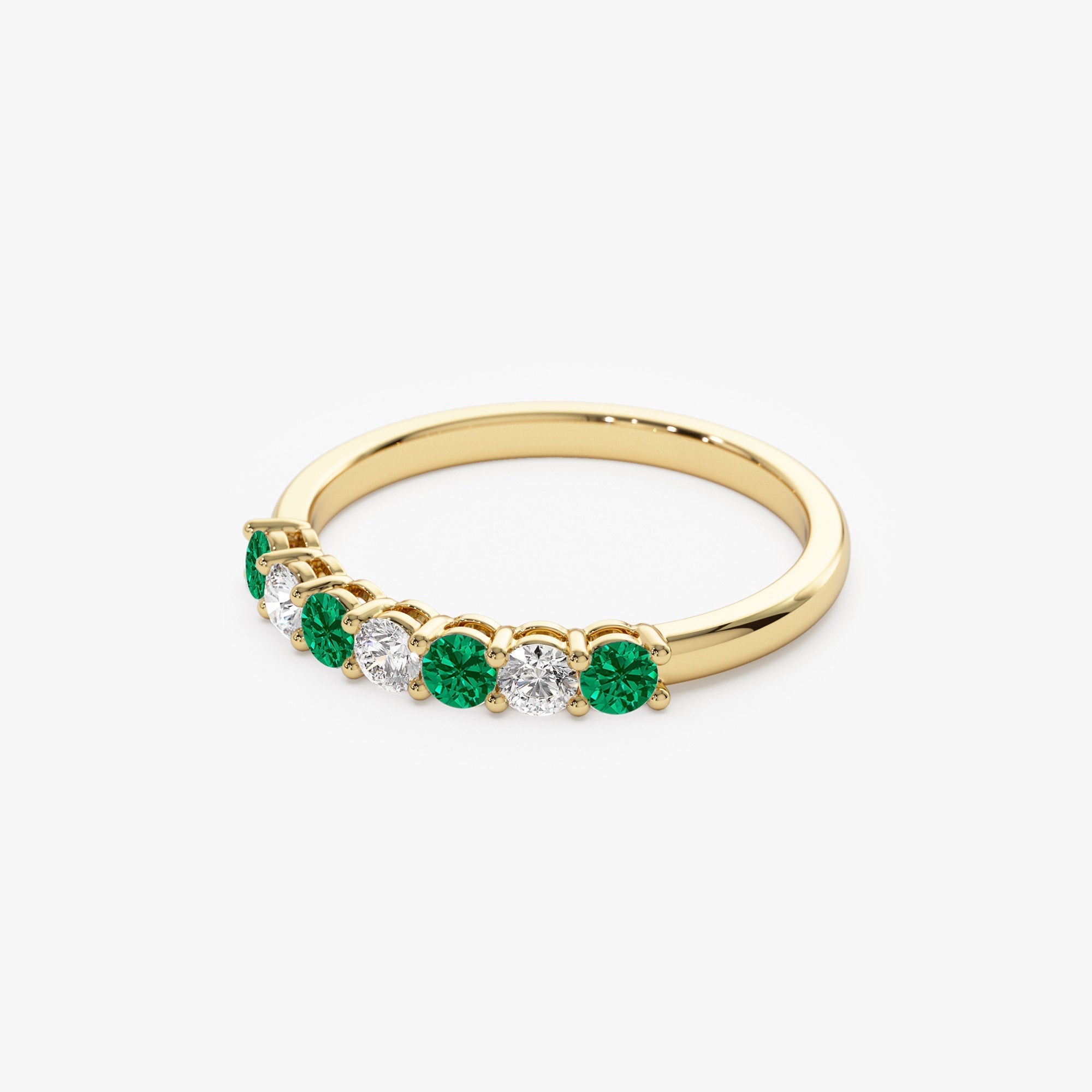 14k 7 Stone Basket Setting Diamond and Emerald Wedding Ring - GeumJewels