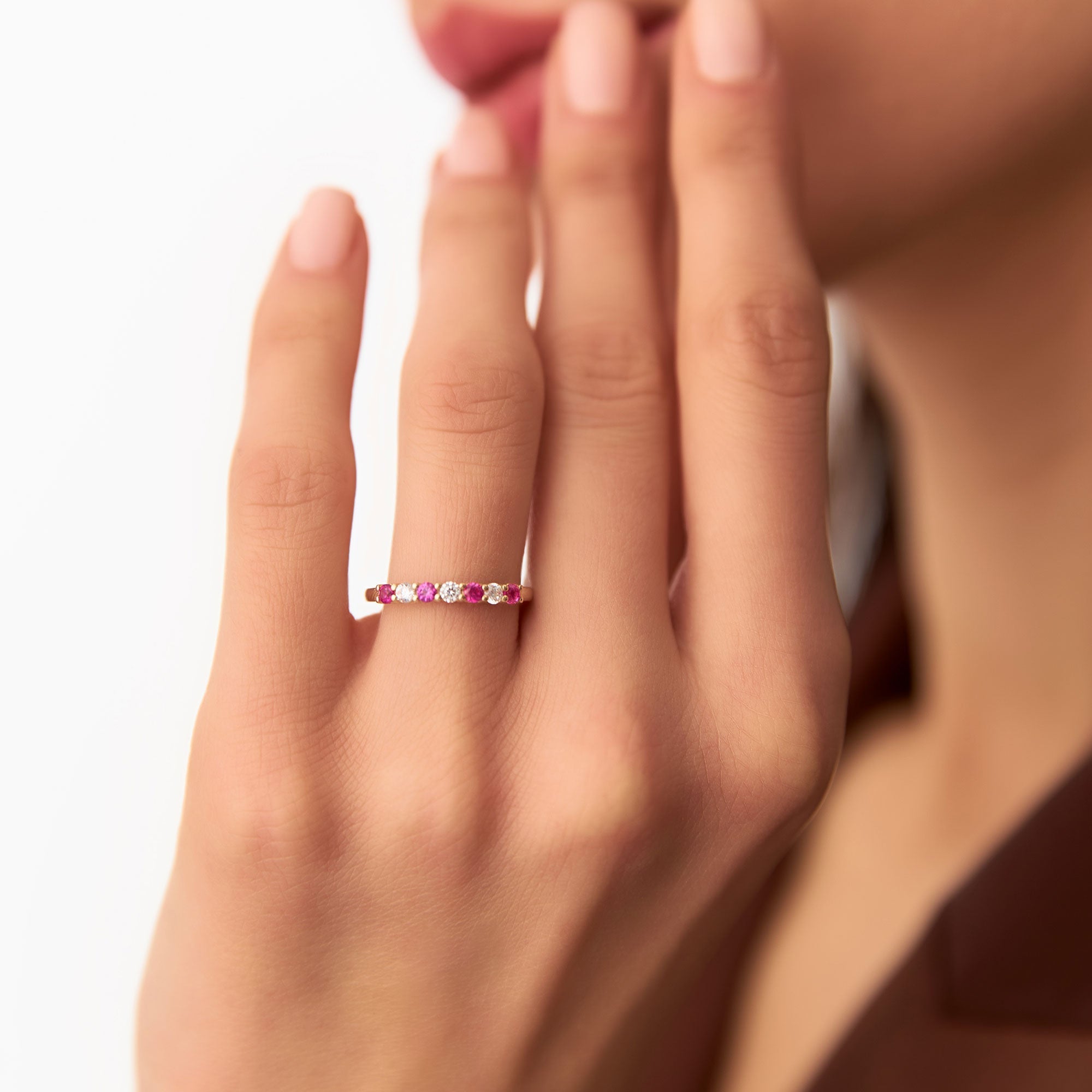 14k 7 Stone Basket Setting Diamond and Ruby Wedding Ring - GeumJewels