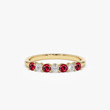 14k 7 Stone Basket Setting Diamond and Ruby Wedding Ring - GeumJewels