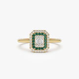 14k Baguette and Round Emerald Ring with Halo Setting - GeumJewels
