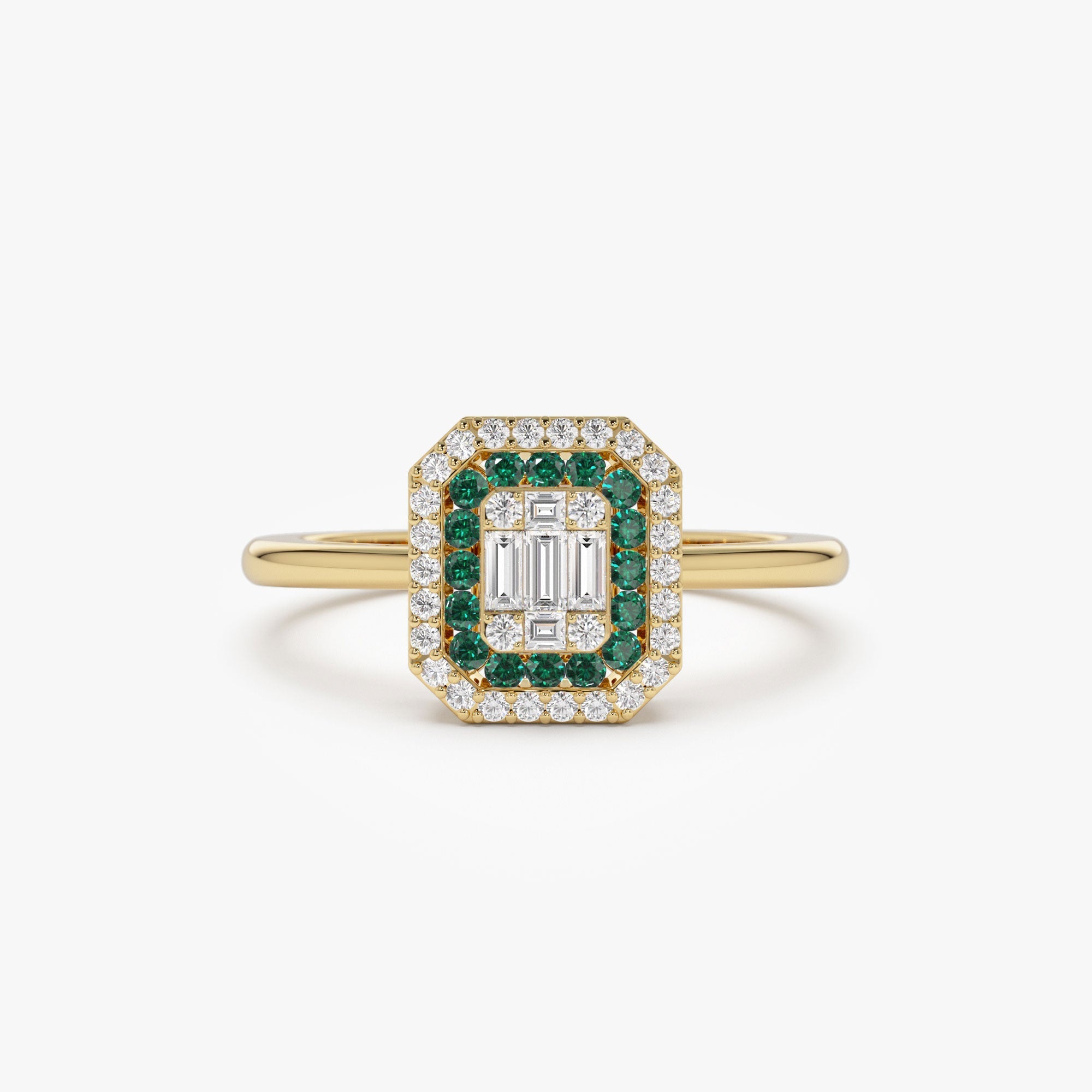 14k Baguette and Round Emerald Ring with Halo Setting - GeumJewels